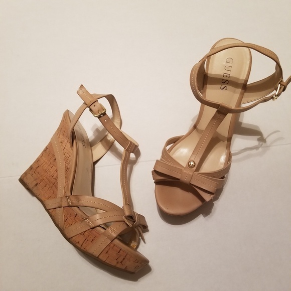 Guess Shoes - Guess tan cork wedge strappy sandals sz 9